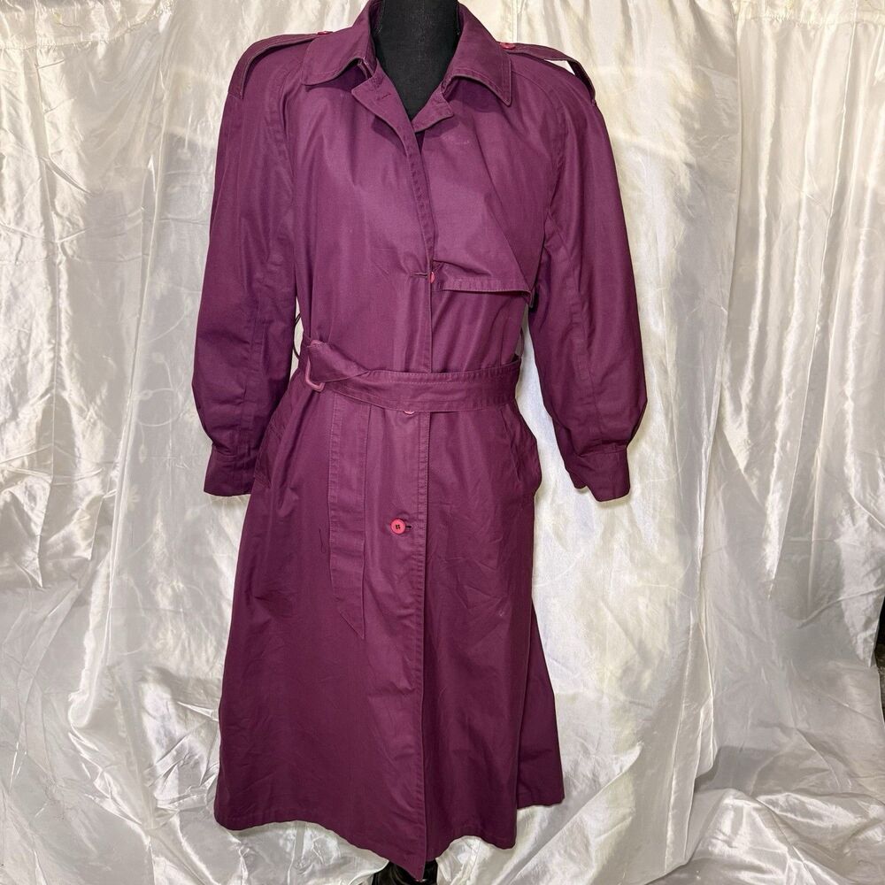 ⁠VTG 80s London Fog Wamsutta Magenta Purple Belted Trench Coat Size 10 Insulated
